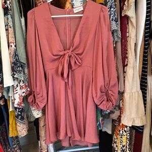 Miramar Bow Tie Front Balloon Sleeve Mini Dress - Silky Feel w/ Keyhole Size XS